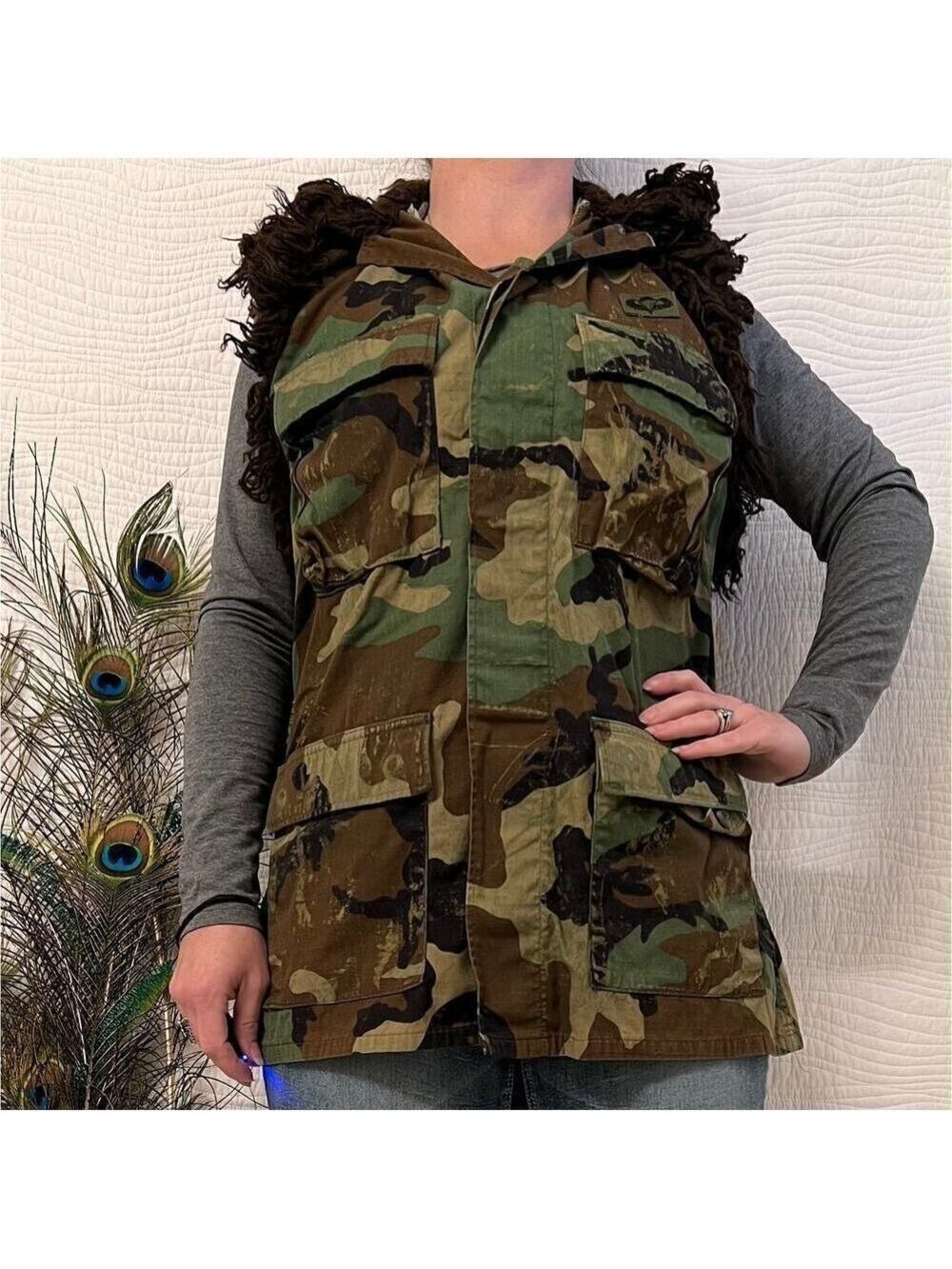 Kali Ku 90s Y2K Upcycled Army Jacket Vest OOAK Handmade Altered Fatigue Festival - Picture 1 of 8